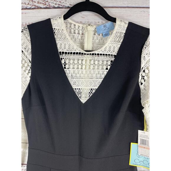 CeCe Jumpsuit Womens 2 Black White Lace Overlay Wide Leg Dillard’s Exclusive New - Picture 4 of 11